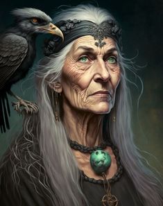 an old woman with a crow on her shoulder and a green bead necklace around her neck