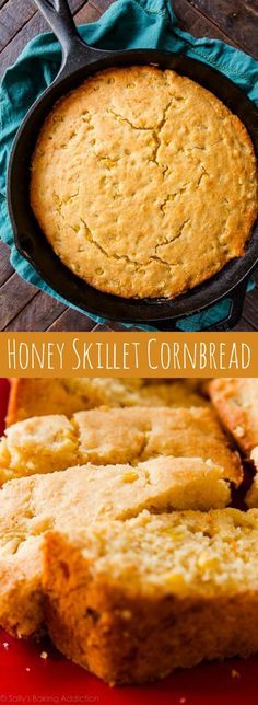 honey skillet cornbread on a red plate and in a cast iron skillet