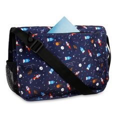 an image of a bag with space and rockets printed on the front, it has a blue