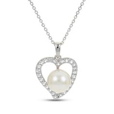 This lovely heart-shaped necklace for her sparkles with beautiful white lab-created sapphires. Set in classic sterling silver, a gorgeous freshwater cultured pearl sits in the center to finish the look. The pendant hangs from an 18-inch cable chain and secures with a lobster clasp. Sapphire Heart Necklace, White Lab, Necklace For Her, Heart Shaped Necklace, Accessories Jewelry Necklace, Necklace Sterling Silver, Cultured Pearls, Cable Chain, Heart Necklace