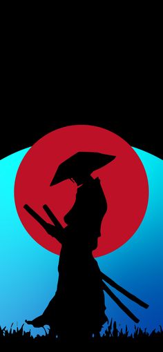 the silhouette of a person with an umbrella and holding two sticks in front of a red circle