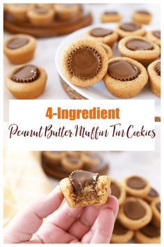 peanut butter muffin tin cookies with chocolate frosting on top and in the middle