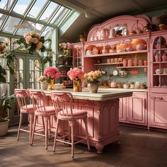 a kitchen with pink furniture and flowers in vases