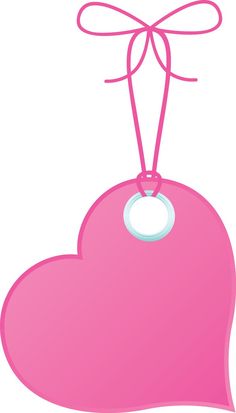 a pink heart with a tag hanging from it's side and a bow on top