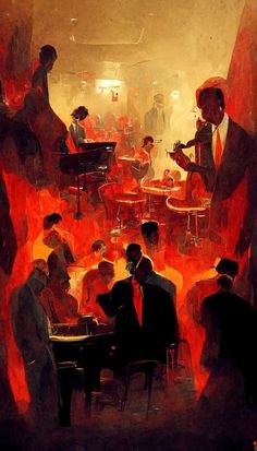 a painting of people sitting at tables in a room with red lights and black chairs