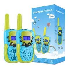 two children's walkie talkies are in front of a box with the same design