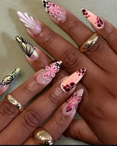 @culturglam 3D flower | 3D water droplets | 3D shell art | butterfly nail inspo | summer/ spring | rings #gelnails #naildesign #butterfly #pink #nailsofinstagram @miranaildit on insta Gel Nail 3d Designs, Butterfly 3d Nail Art, Butterfly 3d Nails, 3d Nail Designs Unique, Butterfly Almond Nails, 3d Butterfly Nails, Fairy Garden Nails, Short Butterfly Nails, Pink Butterfly Nails