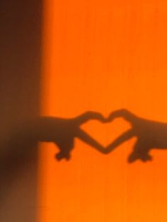 the shadow of two hands making a heart shape with their fingers in front of an orange wall