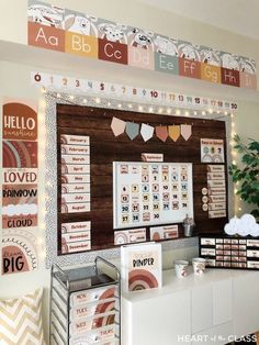 a display in a child's playroom with lots of signs and posters on the wall