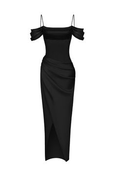 Satin draped off-the-shoulders long midi dress black 4M010 – RASARIO Black Satin Off Shoulder Dress, Black Satin Dress Outfit, Black Midi Dress Formal, Black Dresses Graduation, Black Classy Dress, Evening Gowns Black, Satin Black Dress, Classy Black Dress, Long Satin Dress