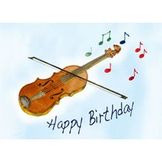 a violin with musical notes and music notes around it's neck that says happy birthday