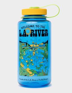 a blue water bottle with the words welcome to the la river on it and a yellow lid