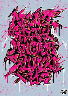 graffiti art on a blue background with pink and black colors