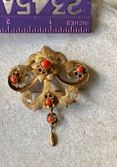 Beautiful Circa 1800s Victorian Gold Gilt Red Coral Antique Brooch Antique Red Brooch For Formal Occasions, Elegant Red Brooches Collectible, Antique Red Brooch Jewelry, Antique Red Brooch As Gift, Antique Red Brooches As A Gift, Antique Red Brooches As Gift, Antique Red Brooches For Gift, Vintage Red Brooches For Formal Occasions, Antique Red Brooch