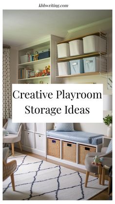 Creative playroom with organized storage bins and shelves filled with toys and books.