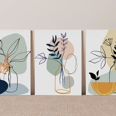 three paintings with plants in vases on the wall