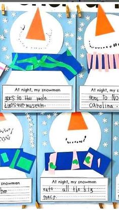 four snowmen made from construction paper on clothes pegs with words and pictures attached to them