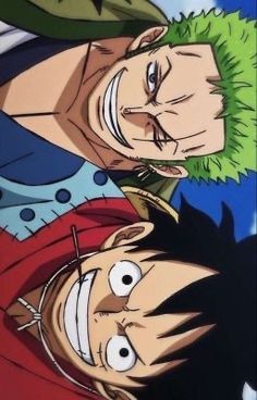 two anime characters one with green hair and the other with blue eyes looking at something