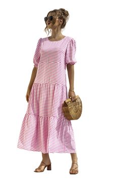 Spring/Summer Puff Sleeve Polka Dot Plaid Loose Stitching Dress Maxi Dress – Cloth Arlo Pink Puff Sleeve Dress For Summer Vacation, Pink Midi Dress For Picnic, Pink Summer Midi Dress For Picnic, Polka Dot Short Sleeve Midi Dress For Beach, Polka Dot Midi Dress With Short Sleeves For Beach, Pink Midi Dress For Summer Picnic, Polka Dot Summer Dress For Picnic, Short Sleeve Sundress For Picnic, Polka Dot Dresses For Summer Picnic