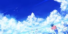 an anime scene with people standing in the clouds