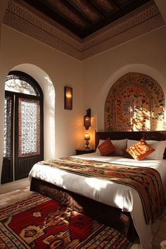 a large bed sitting in a bedroom on top of a rug