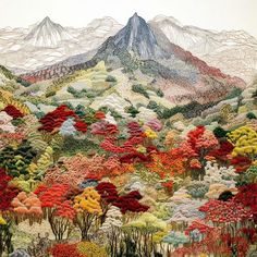 a drawing of a mountain covered in trees and flowers