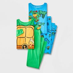 Your child will look forward to exciting dreamland adventures with this 4-Piece Teenage Mutant Ninja Turtles Long-Sleeve Cotton Snug-Fit Pajama Set. This set includes two pairs of PJs, with each piece crafted from 100% cotton with ribbed cuffs and ankles for all-night cozy comfort. One pair includes a long-sleeve sleep tee designed to imitate Leonardo's uniform with a pizza slice tucked in the belt and matching green pajama pants. The other pair includes a blue long-sleeve tee and pajama pants, Multicolor Cartoon Print Loungewear Sets, Playful Sleep Sets With Character Print, Green Cotton Sets With Character Print, Playful Green Cartoon Print Sleepwear, Multicolor Cartoon Print Sleepover Sets, Green Cartoon Print Sleepwear For Sleepover, Multicolor Cartoon Print Sets For Sleepover, Fun Green Cotton Set, Multicolor Cartoon Print Bedtime Sets