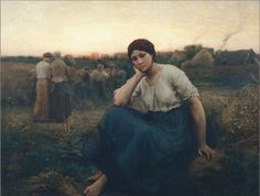 a painting of a woman sitting in a field