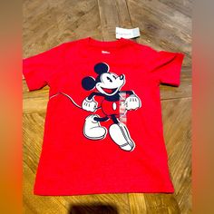 Size 2t Playful Red Mickey Mouse Top, Red Cotton Mickey Mouse T-shirt, Red Mickey Mouse Cotton T-shirt, Red Cotton T-shirt With Mickey Mouse, Red Short Sleeve Top With Mickey Mouse, Cute Red Mickey Mouse Top, Red Cotton Mickey Mouse Top, Red Mickey Mouse Cotton Top, Red Mickey Mouse T-shirt