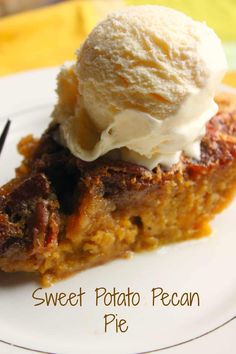 a piece of sweet potato pecan pie with ice cream on top