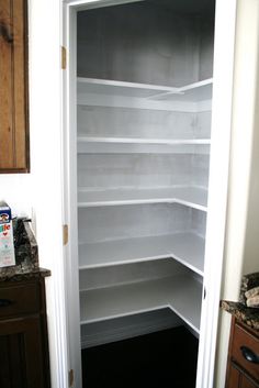 an empty pantry with the door open