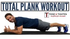 a man doing plank workout on a mat with the words total plank workout above him