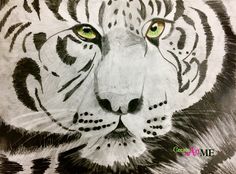 a drawing of a white tiger with green eyes