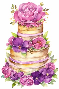 a watercolor painting of a three tiered cake with purple flowers