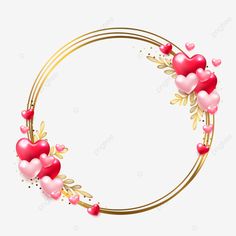 a gold circle with hearts and leaves on the edges is decorated with pink, red and white balloons