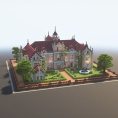 an image of a very large house in the middle of some trees and bushes on top of a small island