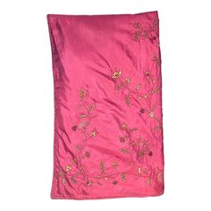 From the house of Sethi & Sethi,  a touch of elegance to your home decor with this beautiful silk satin Zardozi hand metallic embroidered decorative throw blanket. The intricate floral pattern and rectangle shape make it a perfect addition to any room. Made in India, this high-quality blanket is 83 inches in length, with a width of 32 inches. The deep pink silk satin material ( lined w a contrast dark red) and multi colored embroidered features give it a unique and stylish look, perfect for any Embroidered Satin Dupatta, Festive Embroidered Satin Dupatta, Embroidered Satin Dupatta For Eid, Festive Embroidered Silk Scarf In Traditional Drape, Festive Embroidered Silk Scarf With Traditional Drape, Festive Embroidered Silk Scarf, Decorative Throws Blanket, Cashmere Throw, Pendleton Woolen Mills