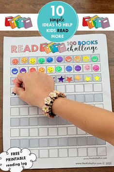 a child's hand on top of a book with the title 10 simple ideas to help kids read more