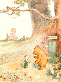 the bear and the bee are playing with each other in front of a big tree