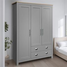 a grey armoire in a white room with a bed and plant on the floor