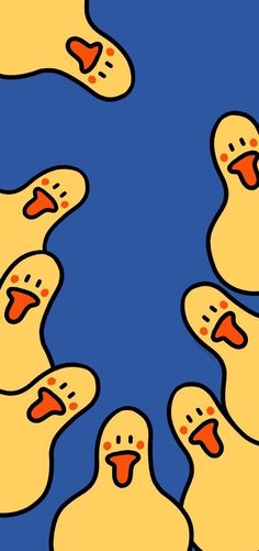 several yellow ducks with red beaks are in a circular pattern on a blue background