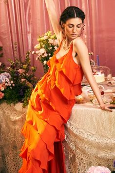 Shop for TheRealB Orange Polyester Afternoon Cocktail Ruffled Spaghetti Strap Dress for Women Online at Aza Fashions Dress Orange, Spaghetti Strap Dress, Spaghetti Strap Dresses, Strap Dress, Dress For Women, Aza Fashion, Sleeve Type, Color Orange, Dresses Online