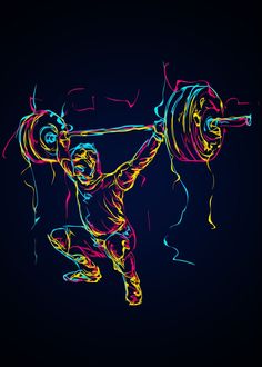 a drawing of a man holding a barbell in the air with colored lines on it