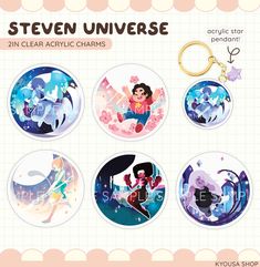 These clear keychains from the show [Steven Universe] come outfitted with a gold keyring and star charms to match the motif of the Crystal Gems. Each keychain design features a background matching a scene from the show! - About 1.75" in diameter - Single-sided - Clear transparent acrylic - Gold keyring Variations available: - Pearl (Pearl's Room) - Garnet (The Answer) - Amethyst (Amethyst's Room) - Lapis (Ocean Gem) - Steven (Rose's Room) Steven Universe Earrings, Steven Universe Plush, Steven Universe Stuff To Buy, Steven Universe Items, Steven Universe Keychain, Genshin Vision Keychain, Background Matching, The Crystal Gems, Plastic Film