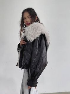 Faux Leather Jacket With Detachable Oversized Fur Collar Trendy Oversized Outerwear With Padded Collar, Oversized Edgy Leather Jacket For Winter, Chic Oversized Outerwear With Faux Fur Lining, Faux Leather Jacket, Faux Leather Jackets, Fur Collar, Fur Collars, Faux Leather, Leather Jacket