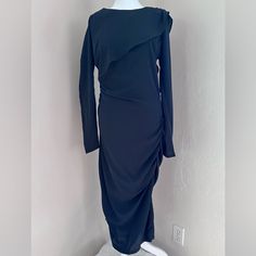 Gorgeous Long Sleeve Ruched And Layered Column Dress With A Kind Of Goddess Style To It By Pierre Cardin With A Couple Of Light Pulls. Size 40 In French Sizing. Black, But Looks Almost Navy In Some Lights. Lined. Black Midi Dress With Draped Sleeves For Work, Black Long Sleeve Midi Dress With Draped Sleeves, Long Sleeve Dresses With Ruched Sides For Formal Occasions, Formal Black Midi Dress With Draped Sleeves, Black Midi Dress With Draped Sleeves For Formal Occasions, Formal Black Midi Dress With Ruched Sides, Black Midi Dress With Ruched Sides For Formal Occasions, Black Midi Dress With Draped Sleeves, Black Formal Dress With Ruched Sides