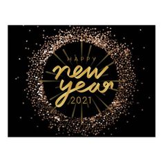 happy new year's card with gold confetti and sparkles on a black background