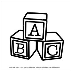 three blocks with the letters abc and c on them, in black and white ink