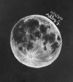 a drawing of the moon in black and white, with writing on it's side