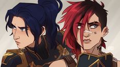 two anime characters one with red hair and the other with blue eyes, both wearing armor